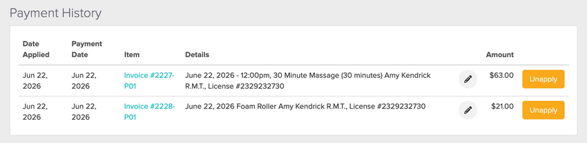 The credit memo detail view with the Unapply button to the right of an applied invoice.