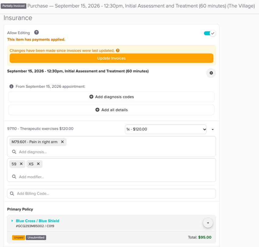 The Insurance section of a purchase with Allow Editing turned on and the orange Update Invoices button shown after changes were made