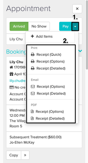 An image the Appointment Panel showing the drop-down arrow next to the Pay button expanded, displaying Print, Email, and PDF receipt options.