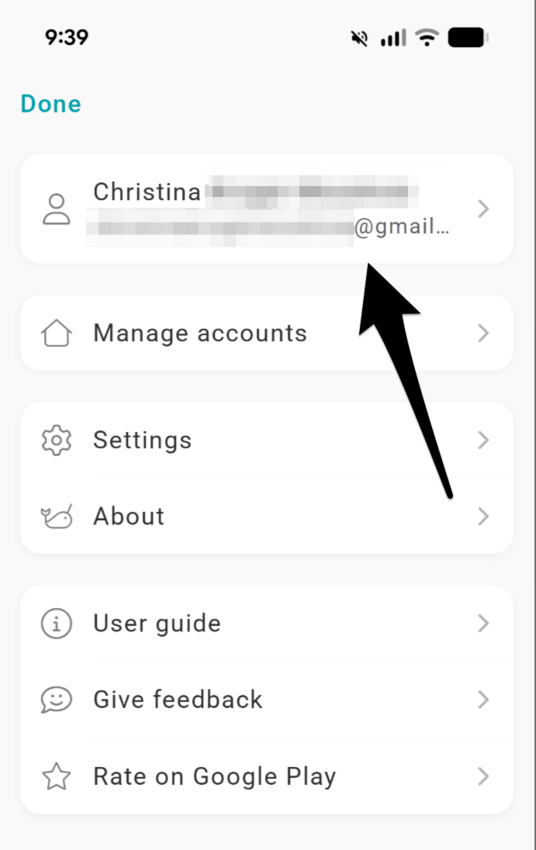 The profile page with the email address