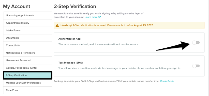 2-Step Verification tab in the patient portal showing the verification method options