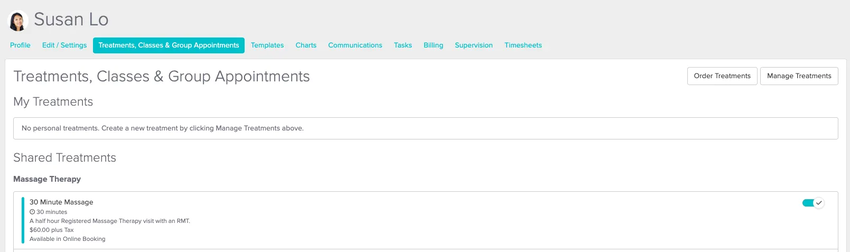 An image of the navigational steps to view the treatments listed within a staff member's profile