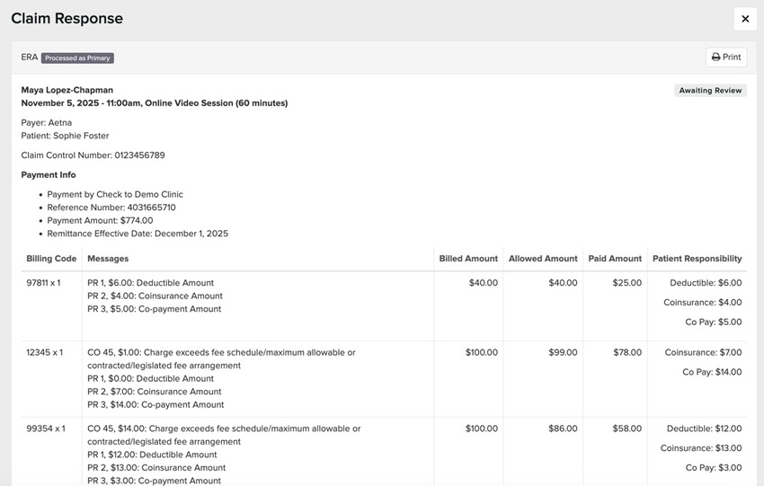 The claim response ERA screen showing the billing code details