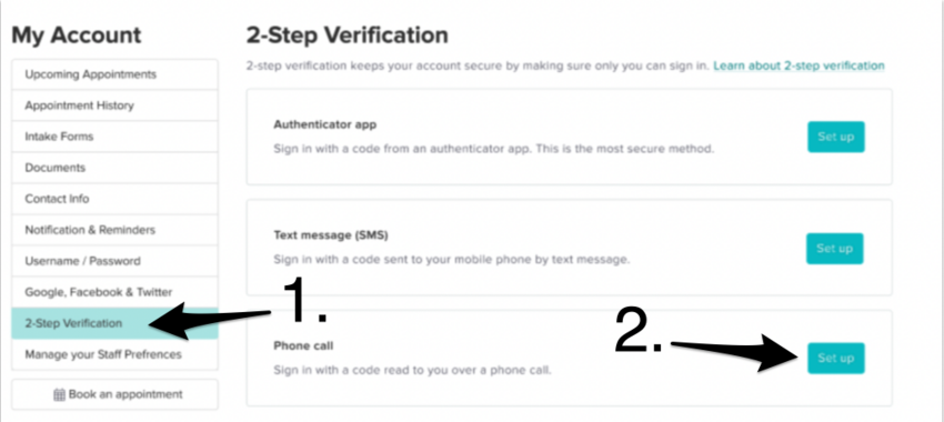 the 2-Step Verification tab of the My Account area showing the different verification methods