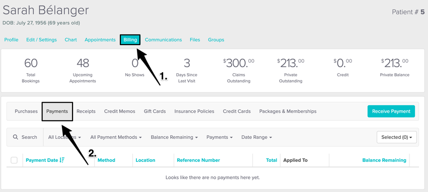 An image of where Jane redirect to in the billing tab within a patient's profile