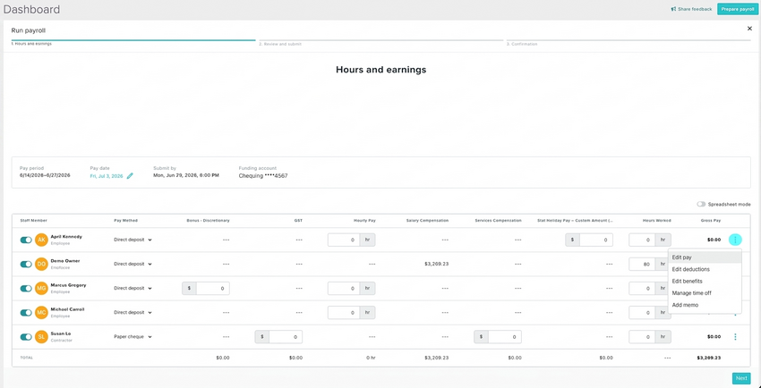 The three vertical dots menu open for a staff member showing the additional options