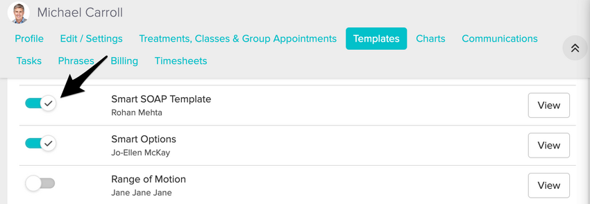 A staff member's list of templates with a shared template toggled on