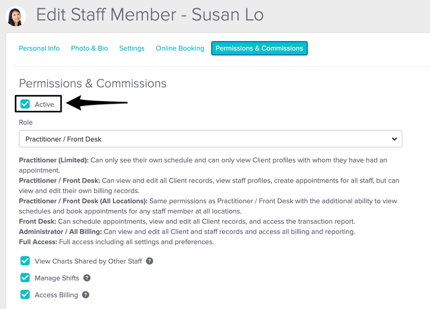 An image of the Permissions & Commissions tab within the staff profile and the Active toggle switched on