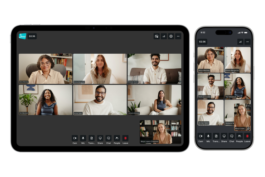 Six unrelated participants join a Group Telehealth session together on tablet and phone.