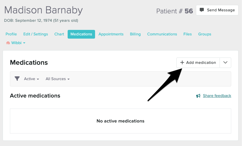 A patient's medications tab with the Add medication button highlighted