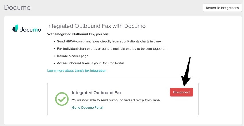 The Documo integration settings page with the Disconnect button