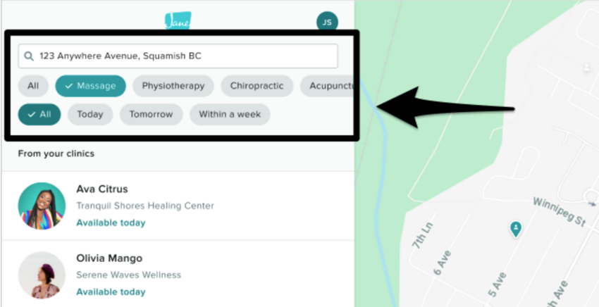 The search bar and filters for Practitioner Search