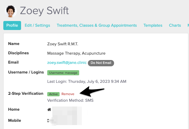 An image of where to view and click on the Remove text within a staff member's profile for 2-step verification