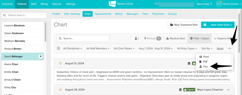 The charting filter options with the three dots menu and Fax option available