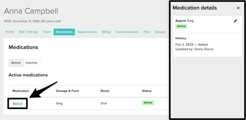 The medication details panel, showing when edits were made to a medication by which staff members