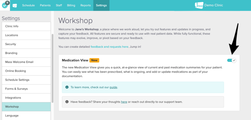 The workshop tab with the Medication View toggle selected