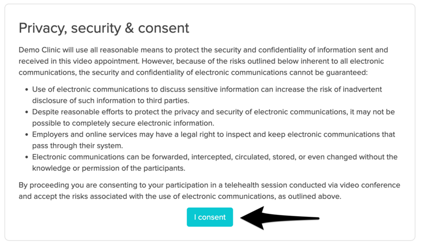 The consent screen showing the I Consent button before joining a Telehealth call