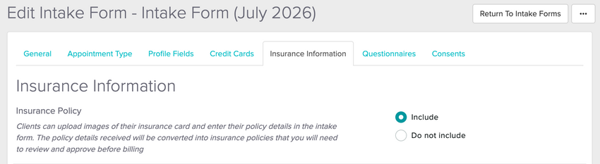 The Insurance Information tab in the intake form editor, with the Include option selected