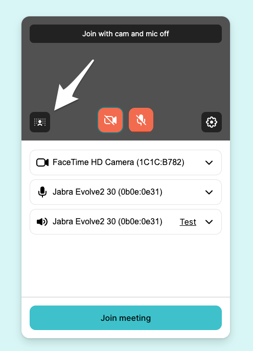 The pre-call settings screen showing the background icon for accessing virtual background options