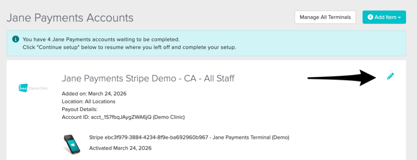 An image of the pencil icon in the settings, Jane Payments tab
