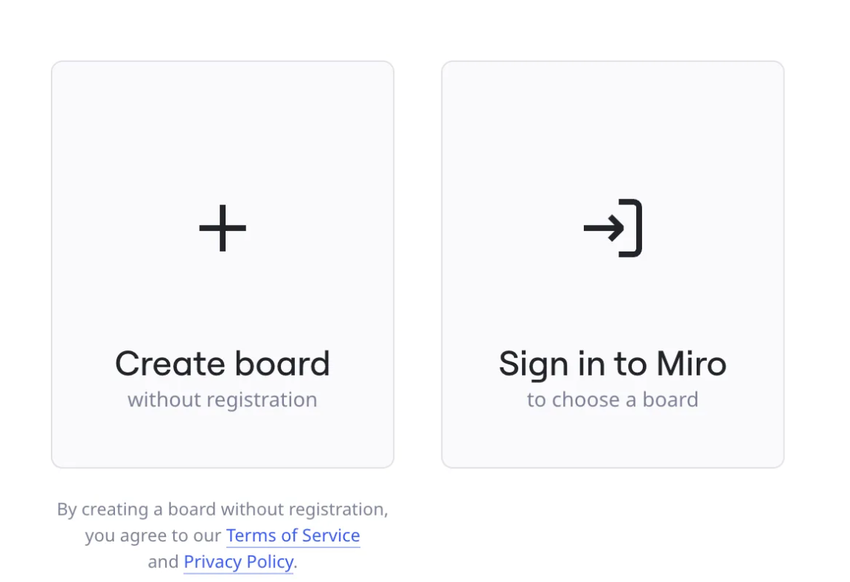 The Miro Whiteboard window showing the Create a board without registration option