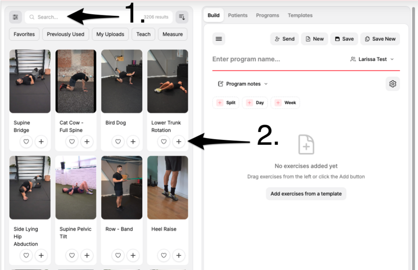 The program builder tab with the search bar and exercises availble to add