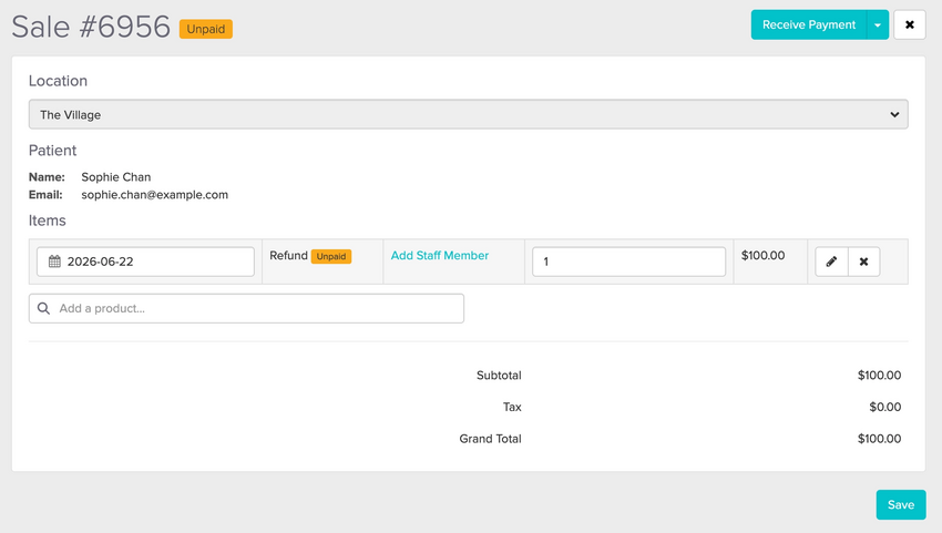 An image of the New Purchase screen in a patient's Billing tab with the Refund product selected and ready to process.