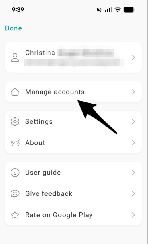 The profile page with the Manage Accounts button under the client's name and email address
