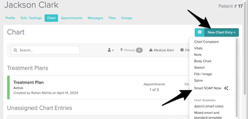 The New Chart Entry dropdown menu with Smart SOAP Note highlighted.