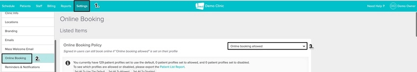 The Online Booking settings page showing the booking policy drop-down set to Online Booking Allowed.