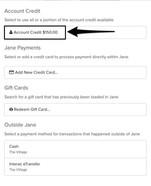 An image of where to select the account credit as the payment method