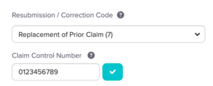 The Resubmission / Correction Code set to Replacement of Prior Claim (7) with a Claim Control Number entered and the checkmark button beside it