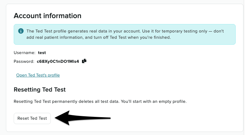 The Account information section of the Test Patient page with the Reset Ted Test button at the bottom.