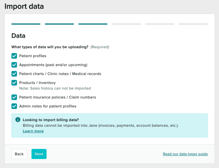 The data page with checkboxes for each type of data you can import