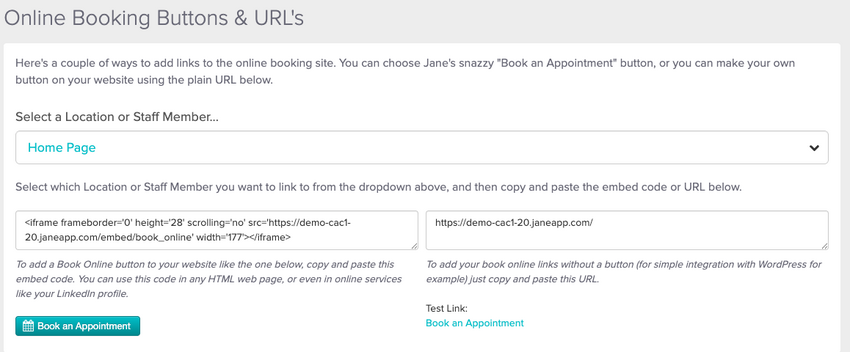 An image of where to view and find the online booking URL for staff members with a higher access level