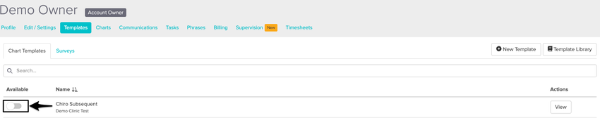 An image of the toggle to enable or disable a chart template for a specific staff member