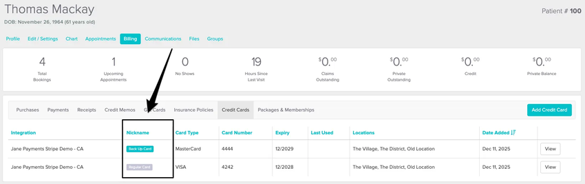 An image of where the nicknames appear within the client profile