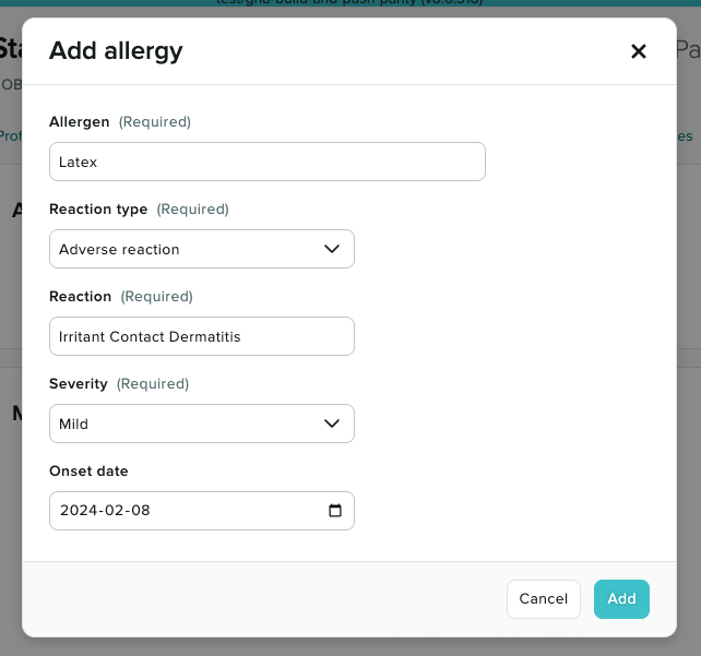 The add allergy fields