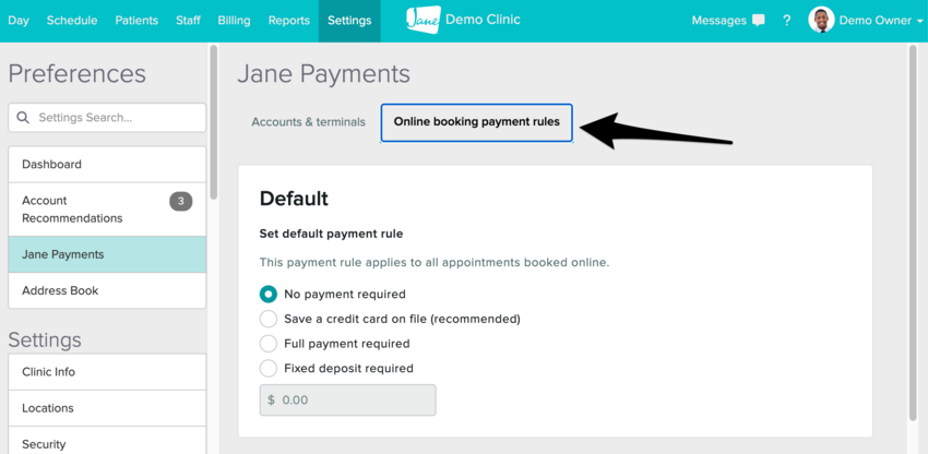 the Settings > Jane Payments > Online booking pre-payments area