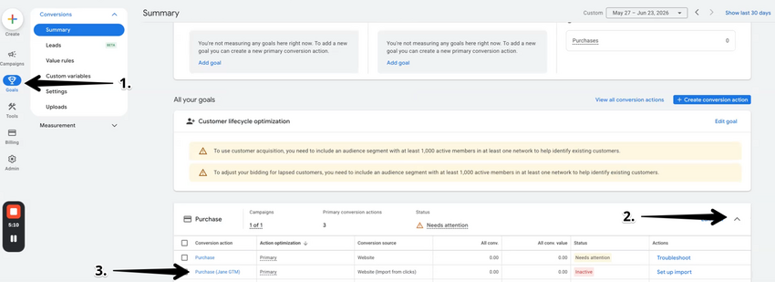 A Google ads accountopen to the Goals tab