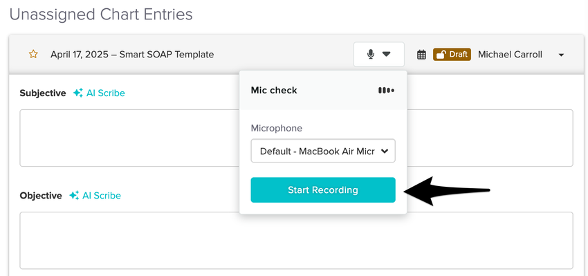 The recording setup screen showing the microphone dropdown and Mic Check bars confirming audio input.
