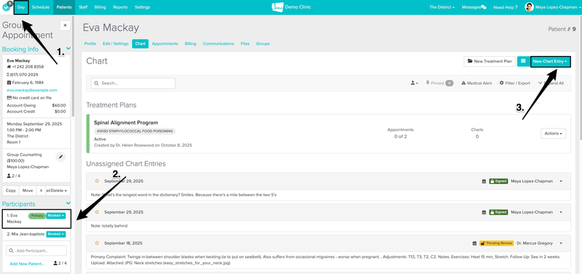 An image of the navigational steps for starting a chart on a group appointment