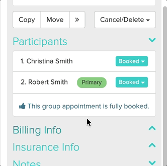 A screen recording showing the steps to change the primary client in the Participants section of the Appointment Panel