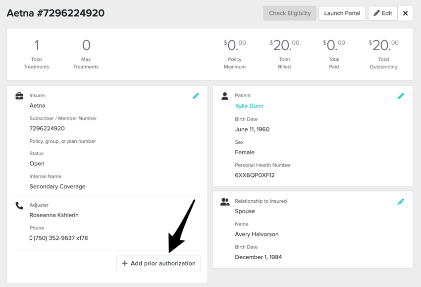 An insurance policy with the Add prior authorization button visible
