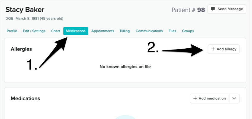 The Allergies section at the top of the Medications tab with the + Add Allergy button visible.