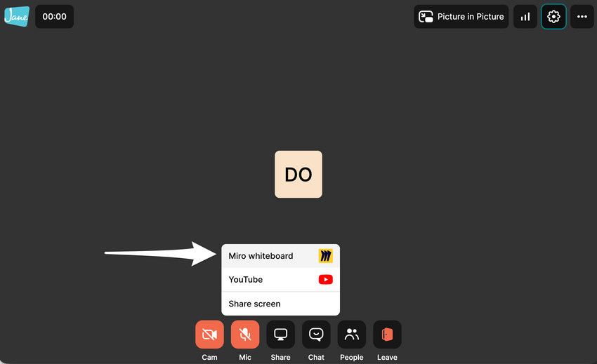 The Share menu open during a Telehealth call with Miro Whiteboard selected as an option