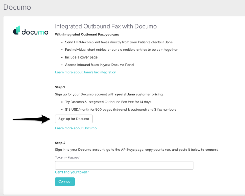 The Documo integration setup screen with the Get Started button