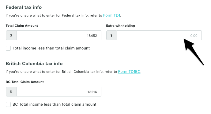 The Tax Withholding Information section showing federal and provincial TD1 fields and the Extra Withholdings field