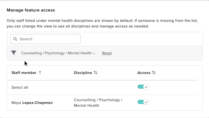 A gif showing the reset button being clicked and the full list of practitioners being displayed