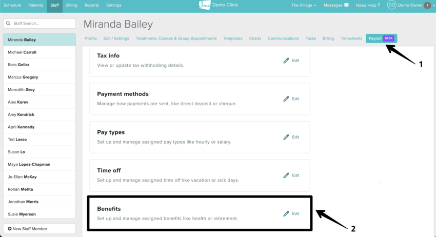 A staff profile's payroll tab with the benefits section and edit button next to it